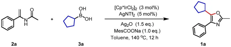 Specific example of secondary alkyl boron reagent coupling to form 5-cyclopentyl-2-methyl-4-phenyloxazole