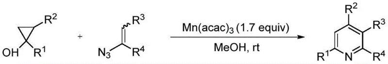 Conventional manganese-catalyzed synthesis of tetra-substituted pyridine showing complex substrate requirements