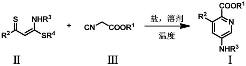 Core reaction scheme showing copper-catalyzed cyclization of alpha-thiocarbonyl-N,S-ketal and isocyanoacetate to form pyridine