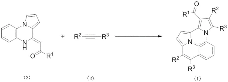 General reaction scheme showing internal enamine (2) and internal alkyne (3) coupling to form polysubstituted pyrrole (1)