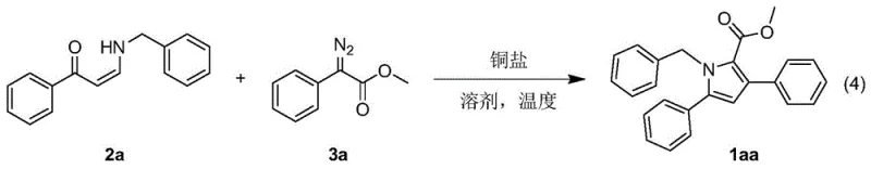 Reaction scheme showing the copper-catalyzed synthesis of polysubstituted pyrrole 1aa from enaminone 2a and diazo ester 3a