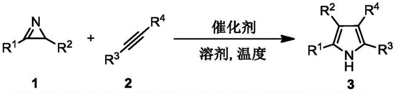 General reaction scheme showing the ruthenium-catalyzed [3+2] cycloaddition of 2H-aziridine derivatives and monoalkynes to form polysubstituted pyrroles