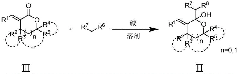 Step 1 reaction scheme showing the formation of hemiacetal intermediate (Formula II) from alpha-alkenyl lactone