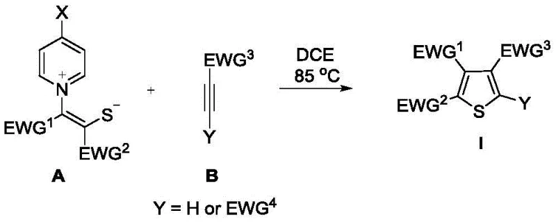 General reaction scheme showing sulfur ylide and electron-deficient alkyne reacting to form polysubstituted thiophene