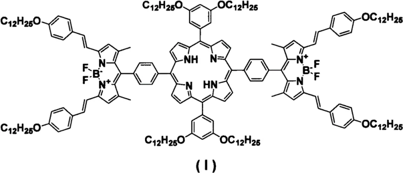Chemical structure of the target porphyrin bridged double BODIPY derivative (I) showing the central porphyrin core flanked by two BODIPY units and solubilizing dodecyl chains