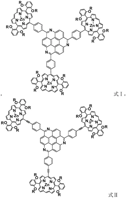 Chemical structures of Porphyrin Covalently Linked Mesitrazine Compounds Formula I and II showing the Donor-Acceptor architecture
