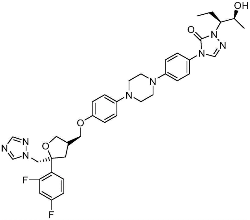 Chemical structure of Posaconazole showing the complex triazole and side chain architecture
