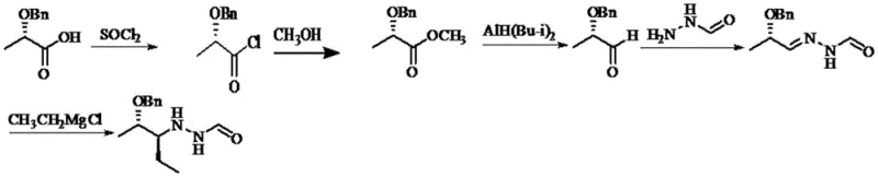 Prior art synthesis route using DIBAL-H showing multiple steps and hazardous reagents