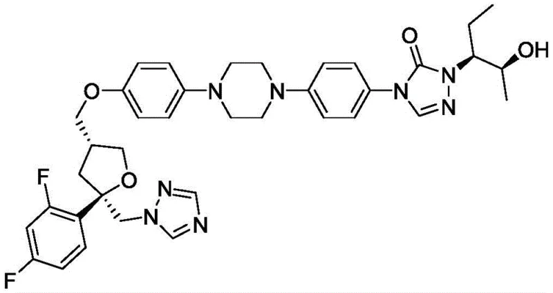 Chemical structure of Posaconazole showing the triazole and difluorophenyl moieties