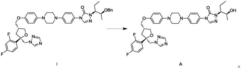 Reaction scheme showing Compound I conversion to Posaconazole using ammonium formate and Pd/C