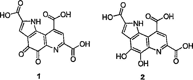 Chemical structure of Pyrroloquinoline Quinone (PQQ) and its reversible reduction to hydroquinone PQQH2