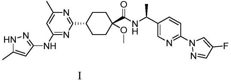 Chemical structure of Pralsetinib (Formula I) showing the core pyrimidine and pyridine moieties linked by a cyclohexyl-amide scaffold