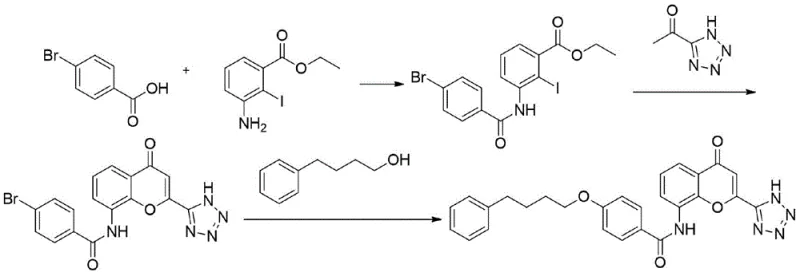 Novel reaction equation for Pranlukast synthesis via bromo-intermediate and Pd-catalysis