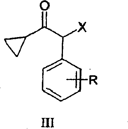 General chemical structure of Formula III showing the 2-halo-1-cyclopropyl-2-substituted acetophenone core