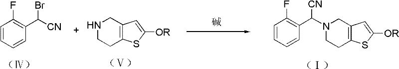 Reaction equation showing the coupling of brominated nitrile with thienopyridine derivative to form the key intermediate