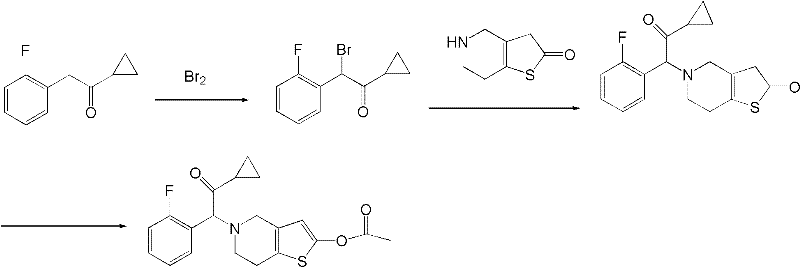 Prior art synthetic route for Prasugrel showing multiple steps and low efficiency