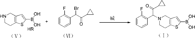 Synthesis route of Prasugrel intermediate showing alkylation, borylation, deprotection and coupling steps