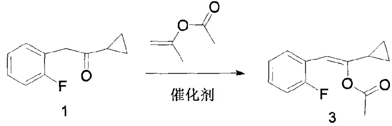 Acid-catalyzed enolization of cyclopropyl-2-fluorobenzyl ketone with isopropenyl acetate to form enol ester intermediate