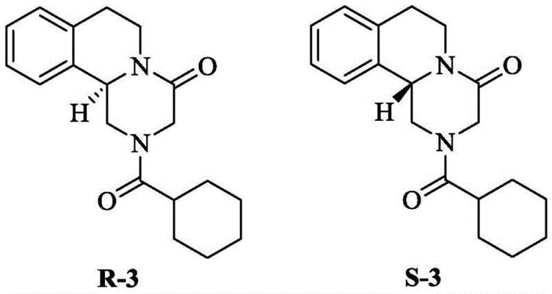 Chemical structures showing the difference between effective R-3 and ineffective S-3 Praziquantel enantiomers