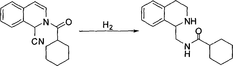 Reaction scheme showing the cyanide addition to isoquinoline followed by catalytic hydrogenation to form the amine intermediate
