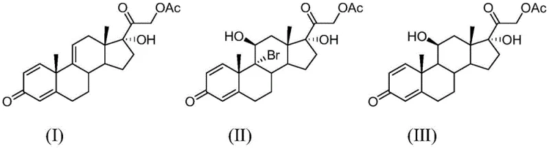 Reaction scheme showing the bromination of compound I to II and subsequent debromination to prednisolone acetate III