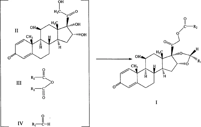 Specific reaction equation detailing the reagents and conditions for the one-pot synthesis of prednisolone derivatives