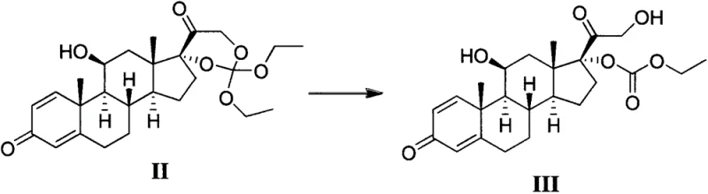 Chemical reaction scheme showing the hydrolysis of Formula II to Formula III