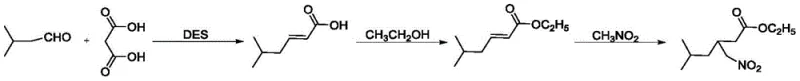 Reaction scheme showing the three-step synthesis of pregabalin intermediate using DES catalysts