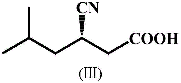 Chemical structure of (S)-3-cyano-5-methylhexanoic acid (Formula III), the key chiral intermediate product
