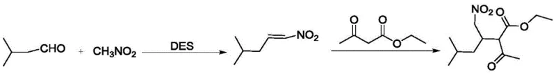 Two-step reaction scheme showing the synthesis from Isovaleraldehyde to the final Pregabalin intermediate using DES