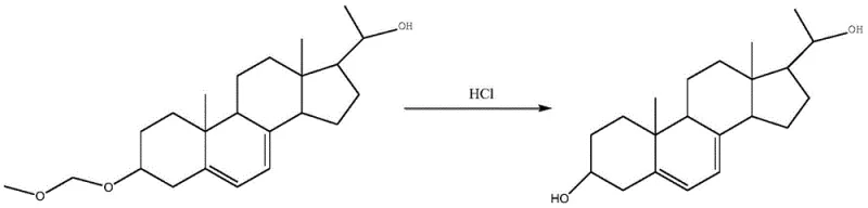 Hydrolysis reaction scheme depicting the deprotection of the intermediate to yield final Pregna-5,7-diene-3β,21-diol
