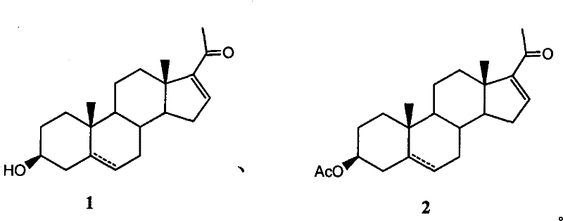 Chemical structures of Pregnenolone (1) and Pregnenolone Acetate (2) showing the acetylation site