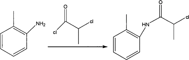 Chemical reaction scheme showing the amidation of o-toluidine with 2-chloropropionyl chloride catalyzed by potassium carbonate to form the chloro-amide intermediate