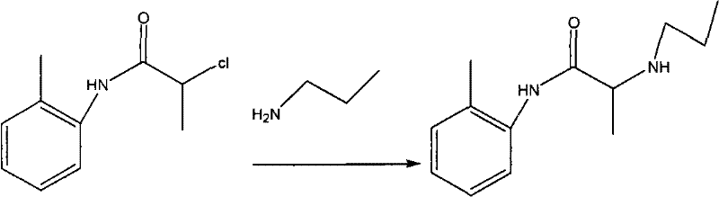 Step 2 Amination reaction scheme showing intermediate reacting with propylamine to form crude prilocaine