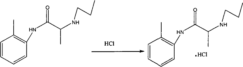 Step 3 Salt formation reaction scheme showing crude prilocaine converting to Prilocaine Hydrochloride