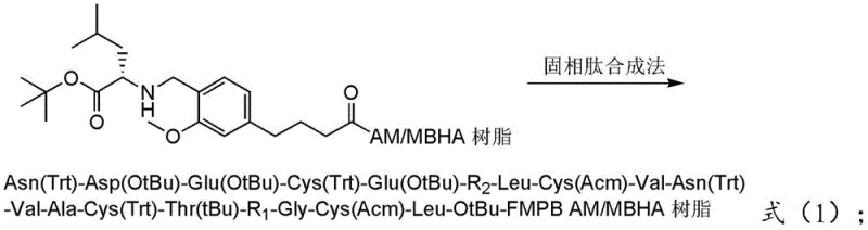 Solid-phase synthesis sequence showing sequential coupling of protected amino acids onto FMPB-modified resin
