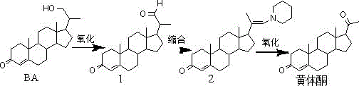 Synthetic route from phytosterol fermentation product BA to Progesterone showing oxidation and condensation steps