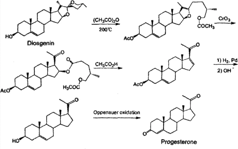 Traditional synthesis route of Progesterone from Diosgenin involving multiple oxidation and reduction steps