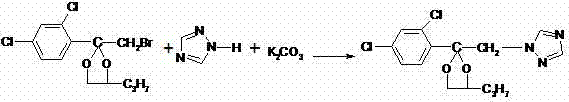 Condensation reaction of bromide intermediate with 1,2,4-triazole and potassium carbonate