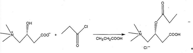 Reaction scheme showing the acylation of L-carnitine inner salt with propionyl chloride to form Propionyl-L-carnitine hydrochloride