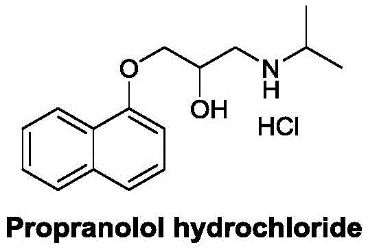 Chemical structure of Propranolol hydrochloride showing the naphthalene ring and isopropylamine side chain