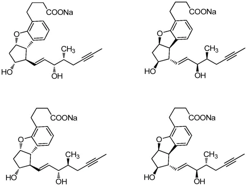 Chemical structures of Beraprost sodium stereoisomers showing the target therapeutic molecule