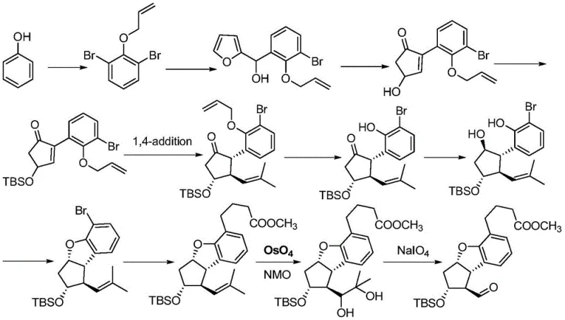 Prior art synthesis route showing the use of toxic osmium tetroxide and complex rearrangement steps