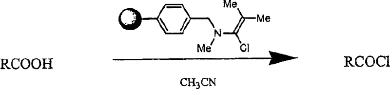 Reaction scheme showing the conversion of carboxylic acid to acid chloride using immobilized alpha-haloenamine reagent