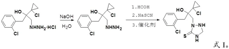 Reaction scheme showing the three-step synthesis of prothioconazole intermediate via neutralization, formaldehyde addition, and acid-catalyzed cyclization