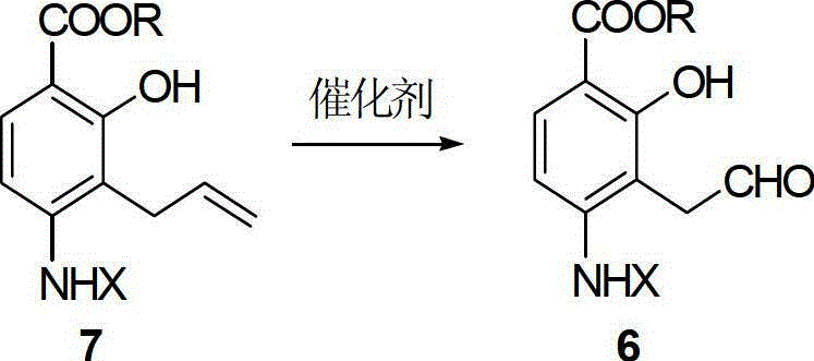 Specific oxidation step converting allyl compound 7 to aldehyde compound 6 using RuCl3 and periodate