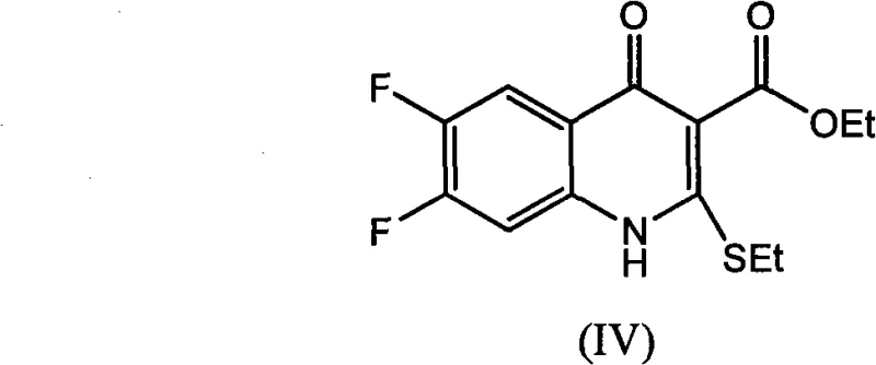 Structure of intermediate 6,7-difluoro-4-hydroxy-2-(ethylthio)quinoline-3-ethyl formate (Formula IV)