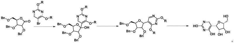 Overall reaction scheme showing the three-step synthesis of pseudouridine from tribenzyloxy lactone and bromopyrimidine