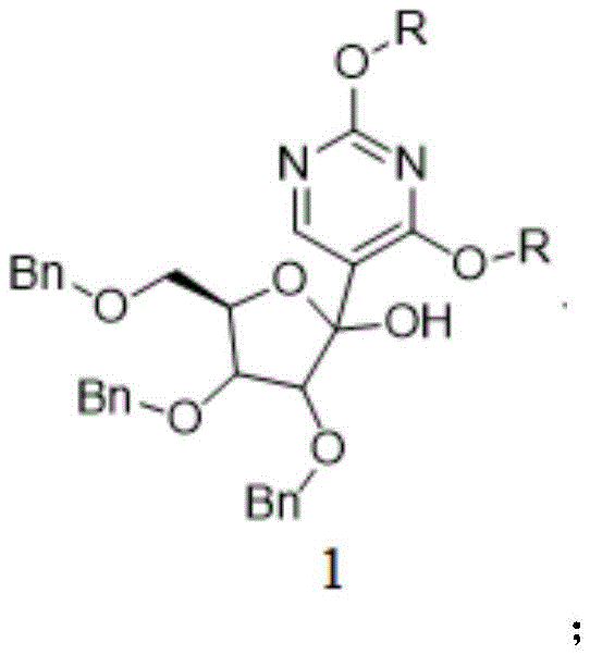 Chemical structure of Intermediate 1 showing the hemiketal linkage between the pyrimidine and the protected ribose ring