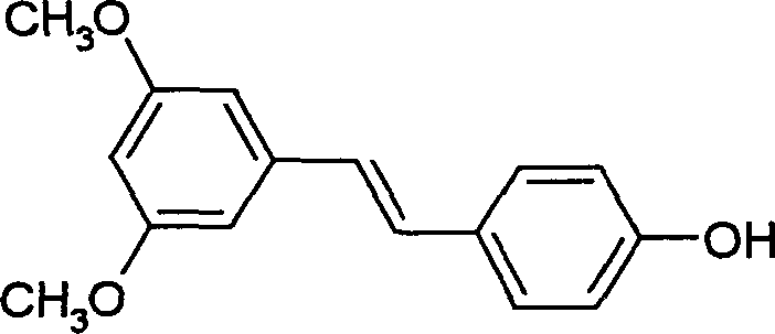 Chemical structure of Pterostilbene showing the trans-stilbene backbone with methoxy and hydroxyl substituents